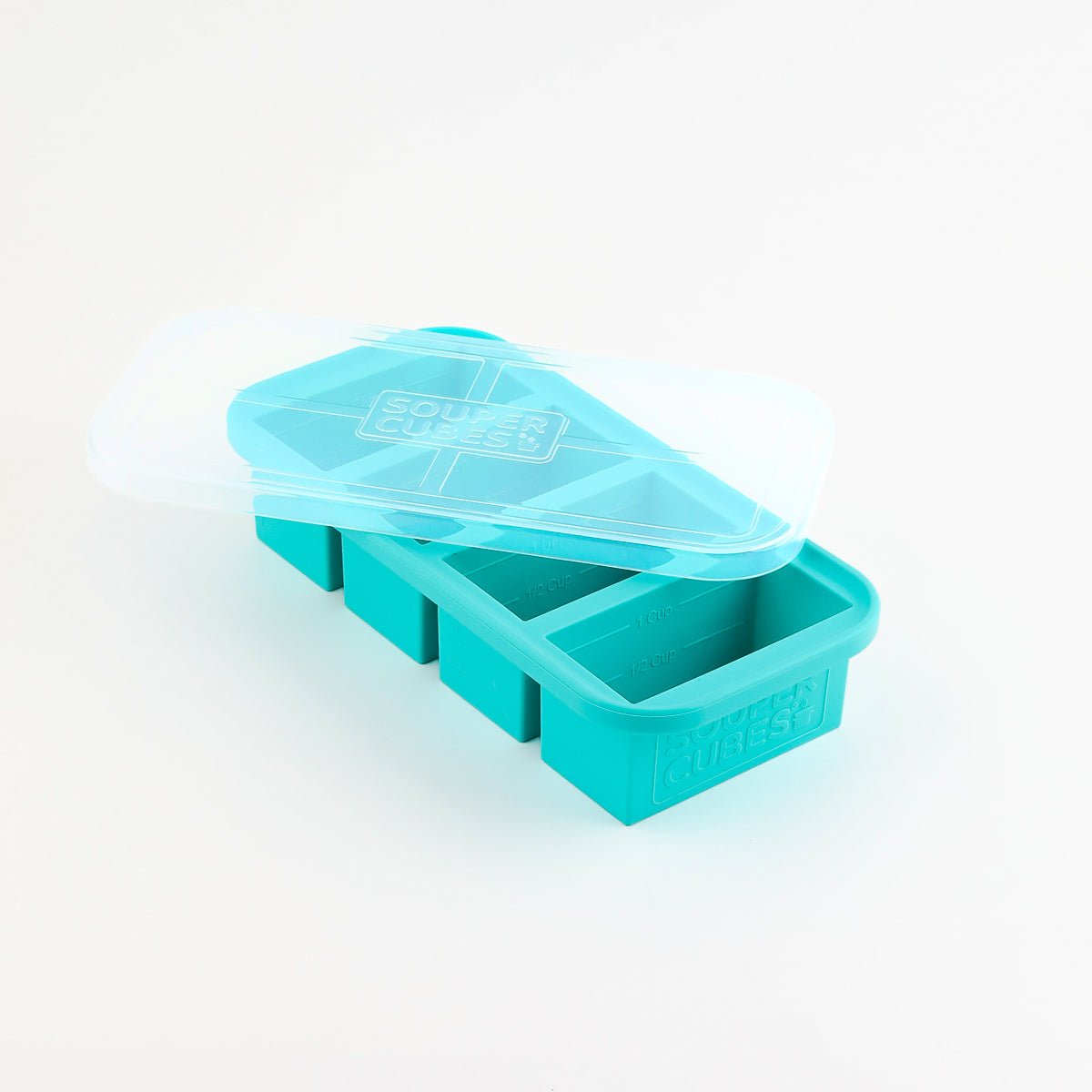 Souper Cubes 1-Cup Aqua freezer tray with four portion cavities and clear lid