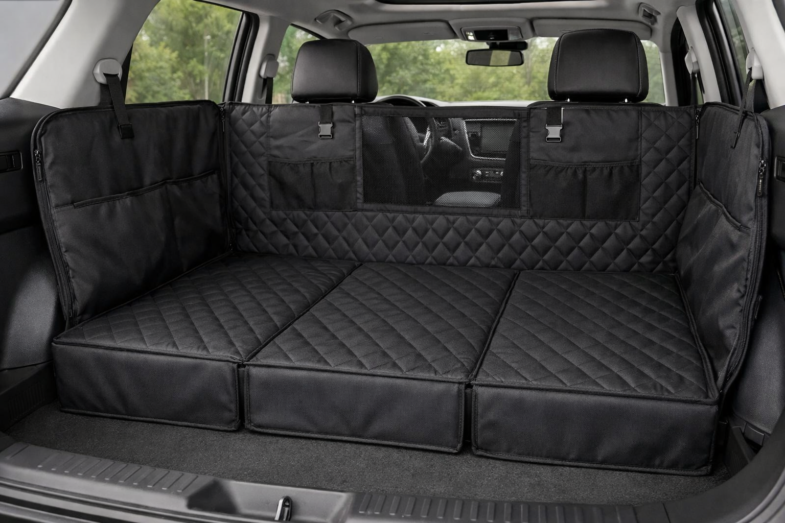 Black URPOWER hard-bottom dog seat cover installed across a car rear bench and footwell