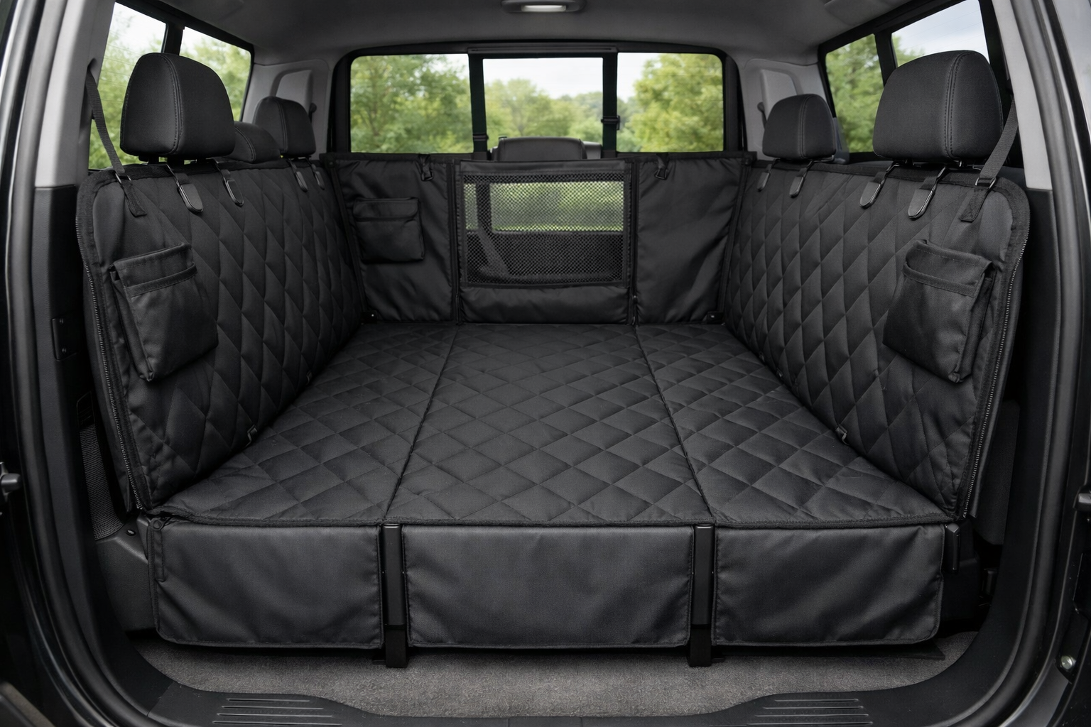 Wide black URPOWER XL hard-bottom dog seat cover installed in a crew-cab pickup