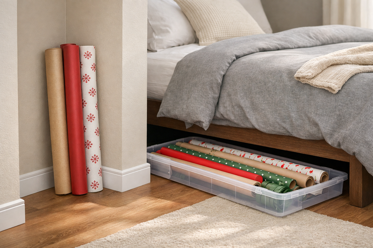 Wrapping-paper rolls beside a measured closet storage spot and a low space beneath a bed