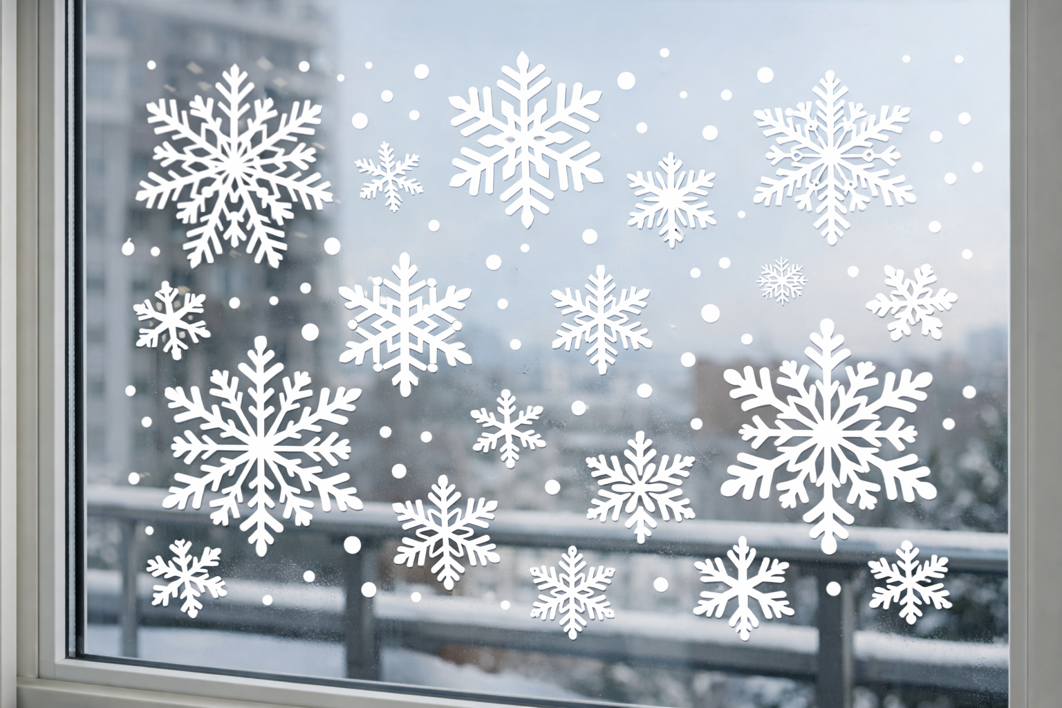 Illustrative white snowflake clings arranged on apartment window glass