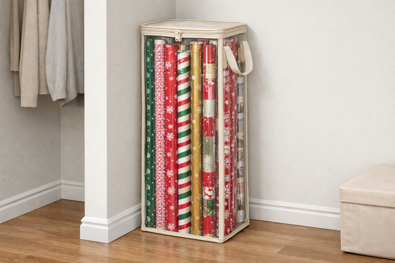 Illustration of a clear, narrow upright wrapping-paper organizer holding standard-length rolls
